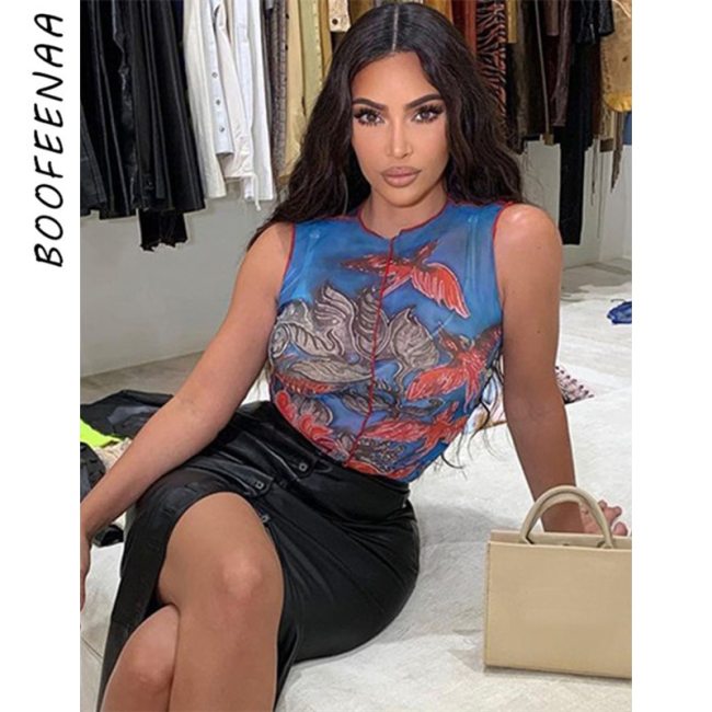 BOOFEENAA Kim Blue Print Aesthetic Sheer Mesh Tank Tops Women 2021 Fashion Sexy Transparent Sleeveless Graphic Tshirts C98-AE10