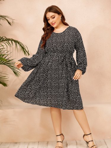 Plus Size Belted Daisy Printed Dress