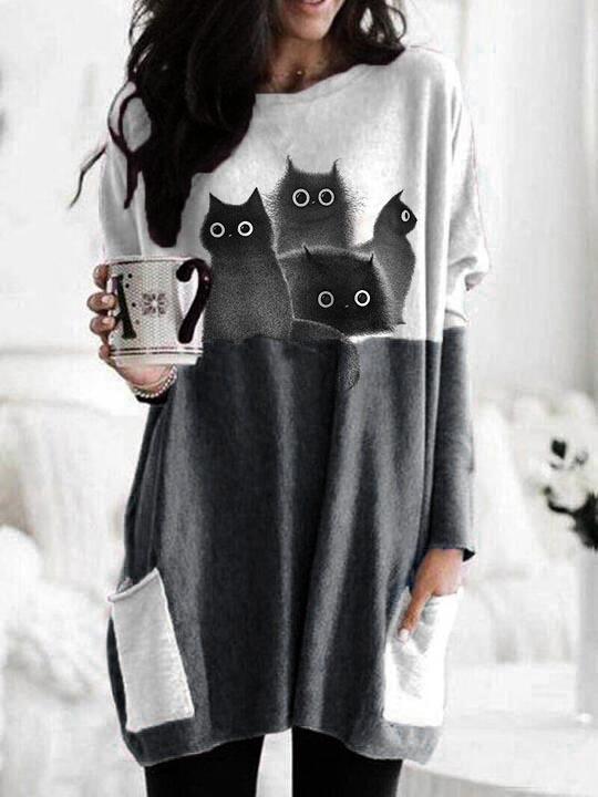 Women's Casual Cat Print Long Sleeve Top