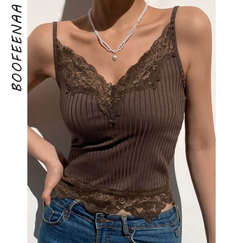 BOOFEENAA Brown Lace Trim Rib Knit V Neck Crop Tops Fairy Grunge Indie Aesthetic Clothes Girly Spaghetti Strap Tank Top C67-BB10