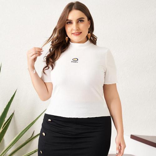 Ladies fashion sweet small high neck small daisy embroidery stretch slim plus size women's short-sleeved T-shirt