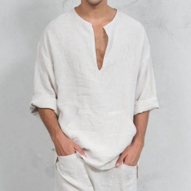 Solidna bawełniana i lniana koszula męska z przednią kieszenią