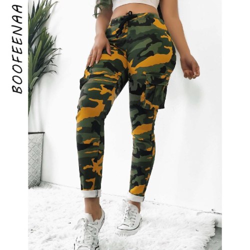 BOOFEENAA Camo Print Sport Leggings with Pockets Womens High Waist Pants Bodycon Sweatpants Camouflage Trousers C34-AB51