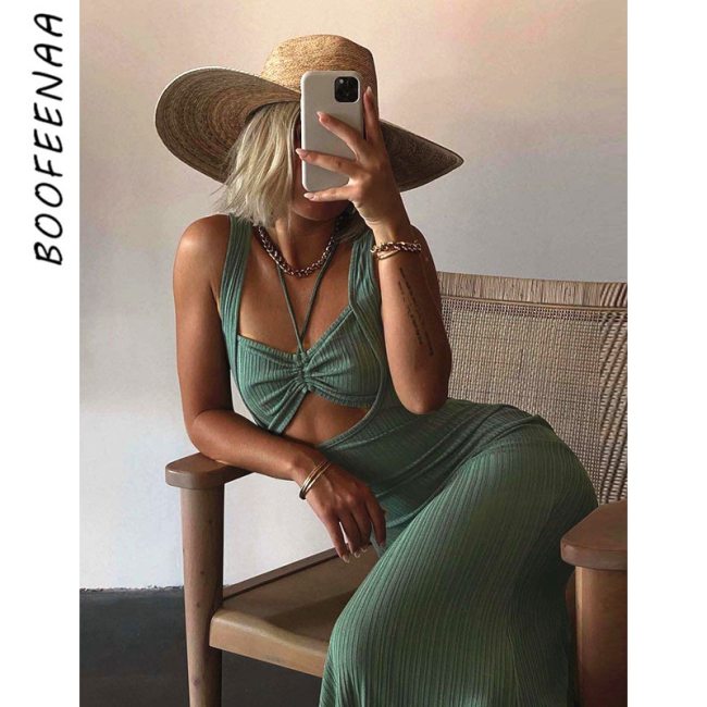 BOOFEENAA Sexy Hollow Out Backless Maxi Dress with Side Slit Green Vacation Outfits Elegant Party Bodycon Dresses C83-BI26