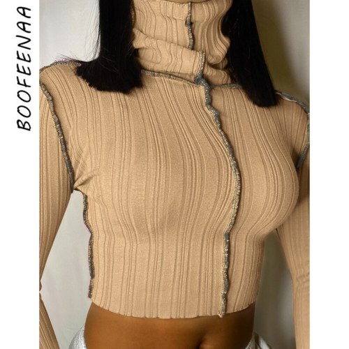 BOOFEENAA Contrast Stitch Ribbed Knitted Sexy Crop Top Shirt Streetwear Women Vintage Style Y2k Blouse Woman Tshirts C15-BI22