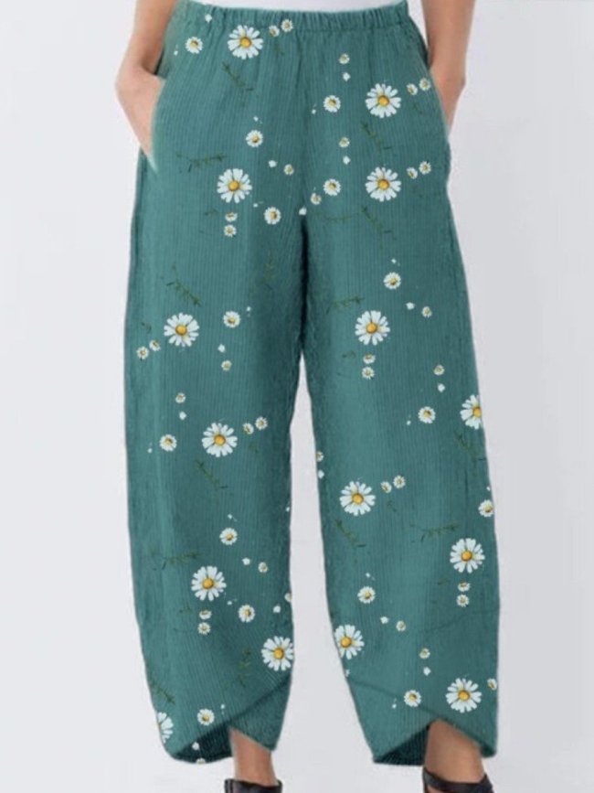 Pants Cropped pants Irregular cut Floral conventional printing Non-stretchy Daily Cotton-Blend Full Casual