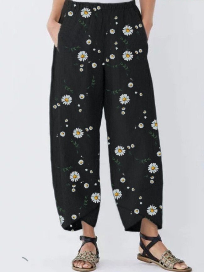 Pants Cropped pants Irregular cut Floral conventional printing Non-stretchy Daily Cotton-Blend Full Casual