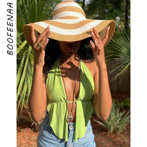BOOFEENAA Sexy Bralette Crop Top Y2k Summer Clothes for Women Featival Beach Club Wear Open Back Halter Tanks Camis C85-AC10