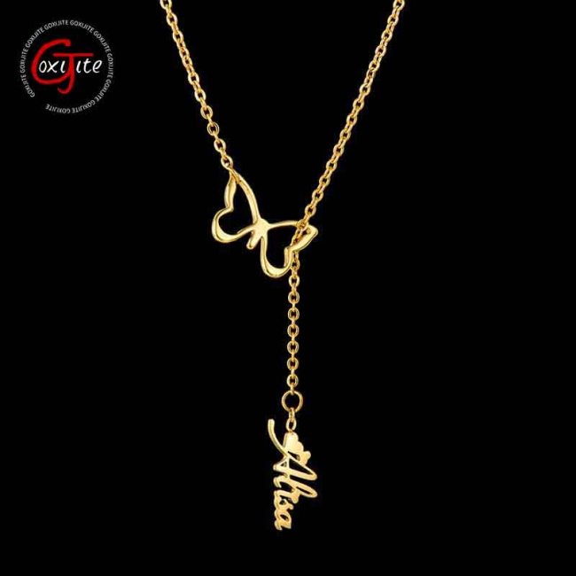 Goxijite 2020 Trendy Butterfly Name Necklace Customized Stainless Steel Gold Cursive Name Butterfly Necklaces For Lover Gift
