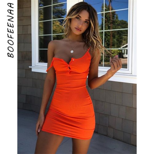 BOOFEENAA Neon Orange Summer Dress 2020 Sexy Club Wear for Women Rib Knit Fitted Spaghetti Strap Mini Bodycon Dresses C70-BZ17