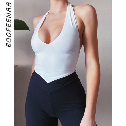 BOOFEENAA Sexy White Tank Tops for Women Summer Clothes 2021 Club Wear Halter Deep V Neck Open Back Crop Top C85-AG10