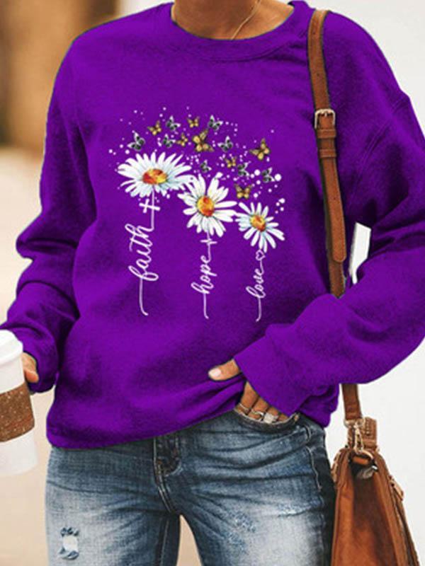 Women's Belief in the small daisy and butterfly print casual round neck sweater