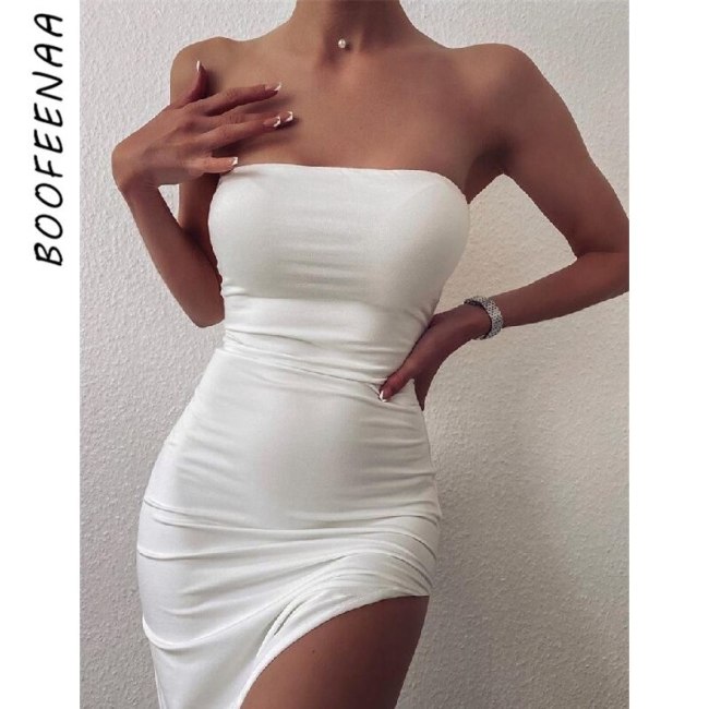 BOOFEENAA Asymmetrical High Split Strapless Dress Fall 2020 Women Fashion Clothing Sexy Bodycon Long Dresses Club Wear C32-BZ26