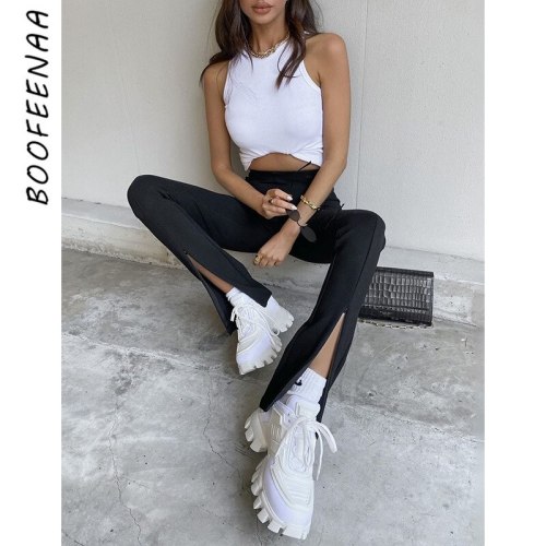 BOOFEENAA Black Zip Front Split Flare Pants Women High Waist Sexy Stretch Trousers Fashion Clothes for Women 2020 Fall C76-CA27