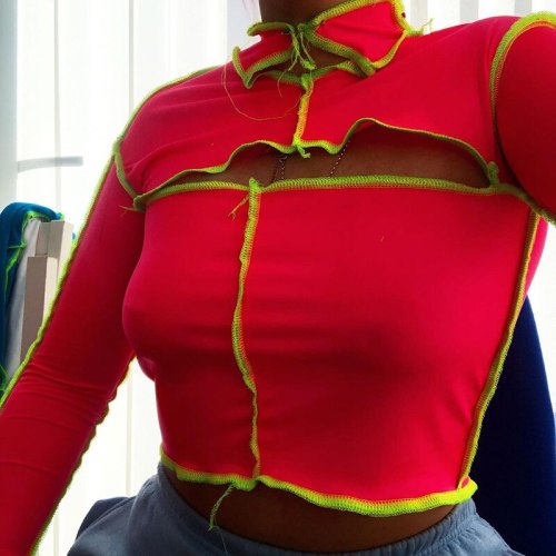 BOOFEENAA Y2k Tops Woman Tshirts Sexy Fitted Cropped Tees Contrast Stitch Hollow Out Long Sleeve Crop Top Fall 2020 C15-BB12