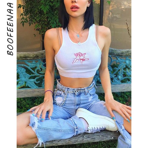 BOOFEENAA Embroidery Angel White Knit Crop Tank Top Streetwear Summer Fashion Casual Sexy Tops Sleeveless T Shirt C71-G87