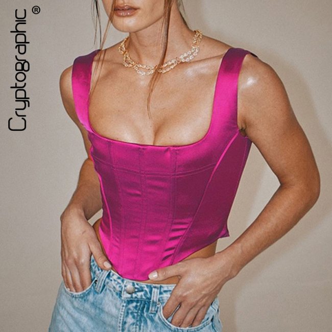 Cryptographic Square Collar Satin Sexy Backless Bustier Corset Crop Tops Women Sleeveless Summer Top Cropped Club Fashion Outfit