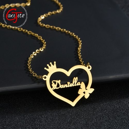 Goxijite Fashion Butterfly Name Necklace For Women Stainless Steel Crown Heart Letter Name Necklaces Best Gift For Lover