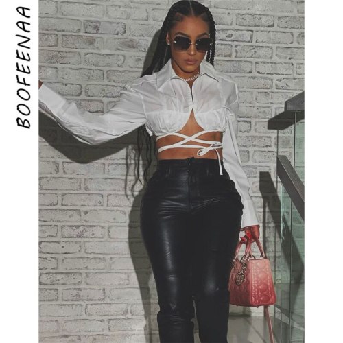 BOOFEENAA Sexy Long Sleeve Crop Top Blouse Fashion Fall Clothes for Women 2021 Black White Backless Collared Shirt C96-DD18
