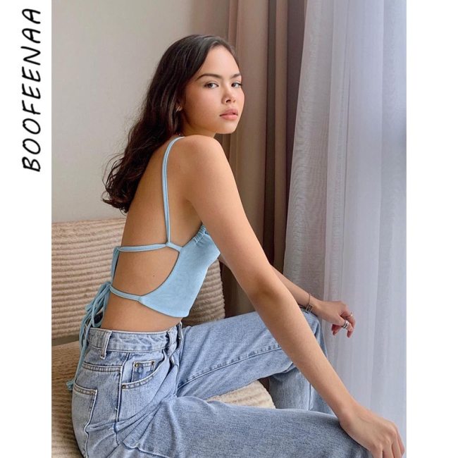 BOOFEENAA Strappy Open Back Crop Top Women Clothes White Light Blue Cami Sexy Club Tank Tops 2021 Summer Outfits C68-AH10