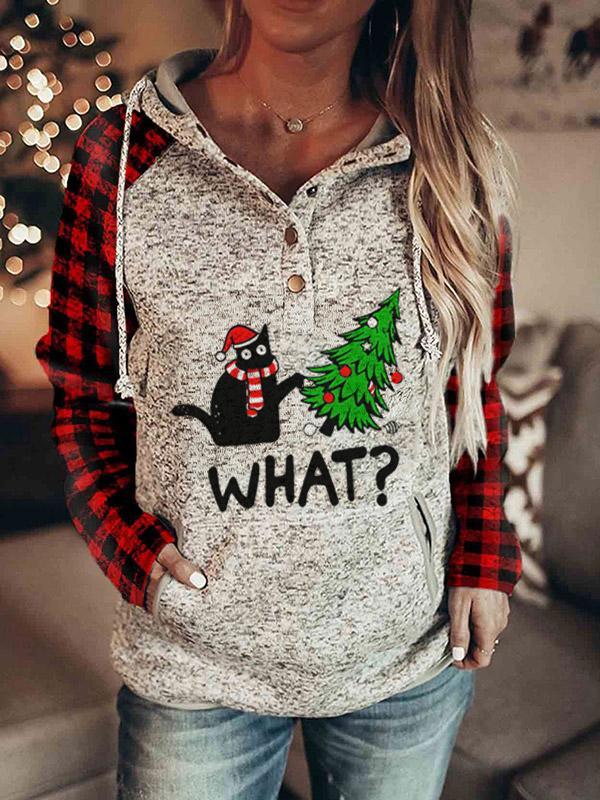 Ladies Christmas WHAT? Cat Print Check Pocket Sweatshirt