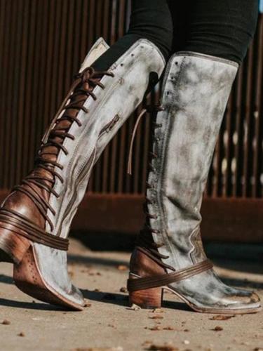Women's Retro Back Lace Up Mid-Heel Over-The-Knee Boots