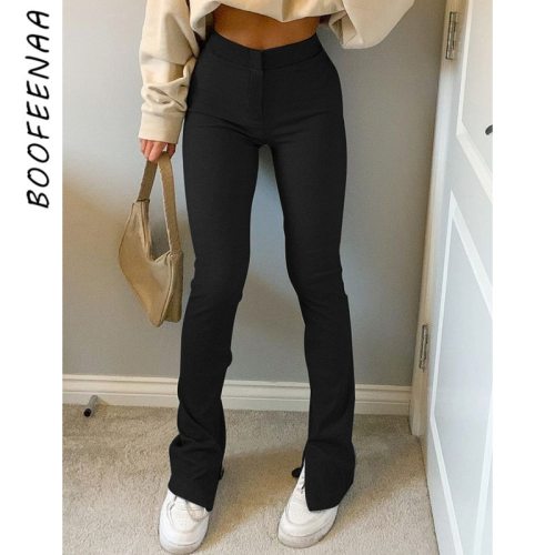 BOOFEENAA Street Style Split Sweatpants Women High Waist Flare Pants Y2k Solid Color Cotton Pants Black Brown Joggers C84-CG31