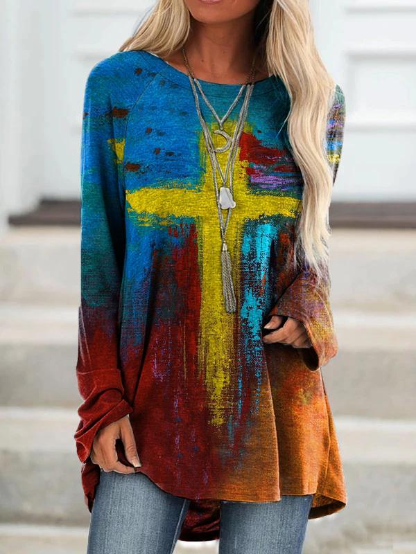 Women's Oil Painting Faith Jesus Cross Print Casual Long Sleeve T-shirt
