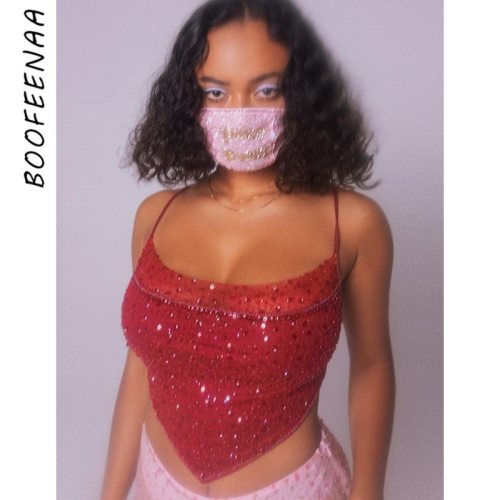 BOOFEENAA Mesh Sequin Cami Crop Top Women Indie Y2k Clothes Open Back Spaghetti Strap Tank Tops Festival Clothing Rave C83-BZ10
