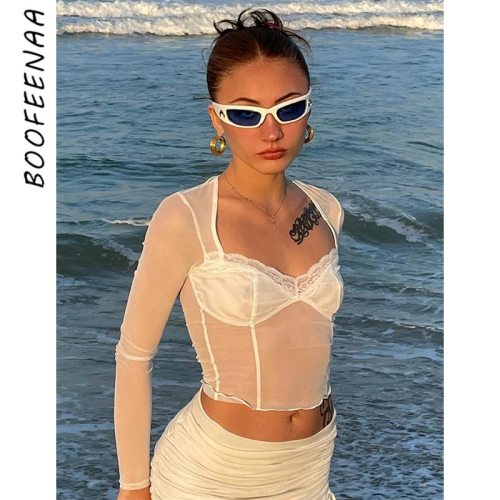 BOOFEENAA Sexy Lace Trim Mesh Crop Top Women Cyber Y2k Vintage See Through Square Neck Long Sleeve T Shirts Black White C85-BB10