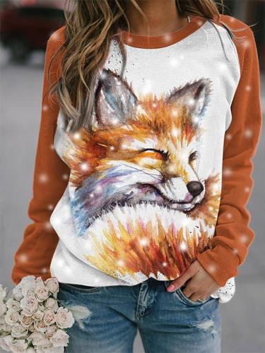 Ladies Fox Snow Print Sweatshirt-orange .6size