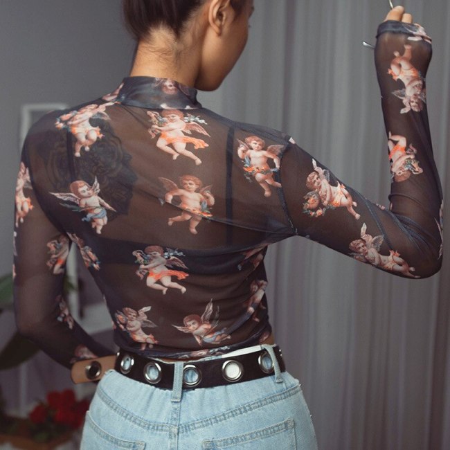 BOOFEENAA Angel Print Black Mesh Crop Top Long Sleeve T Shirt Sexy Womens Graphic Tops New Trends 2019 Streetwear C87-G87