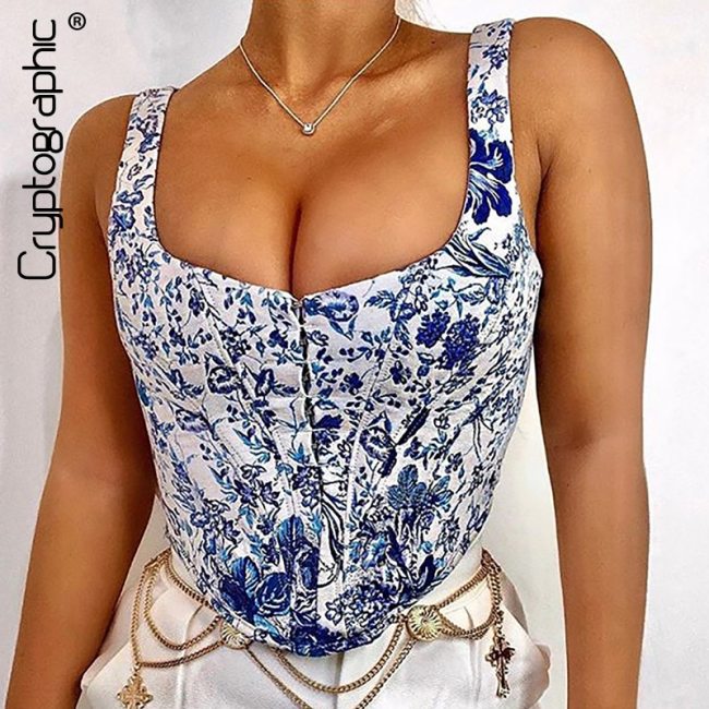 Cryptographic Woman Tops Summer 2020 Blue And White Porcelain Vest Square Collar Slim Short Tank Top Hidden Breasted Zipper Tops