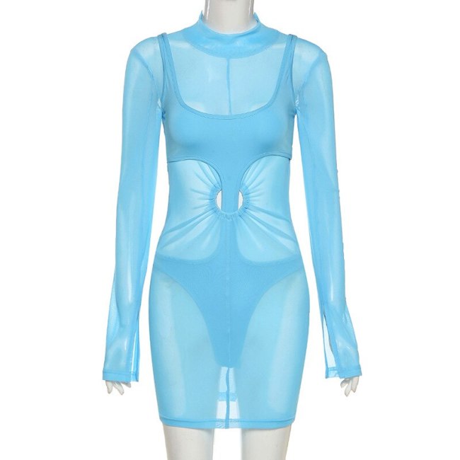 BOOFEENAA Sexy Blue Sheer Mesh Dresses 2021 Two Piece Club Outfits for Women See Through Long Sleeve Bodycon Mini Dress C96-CD20