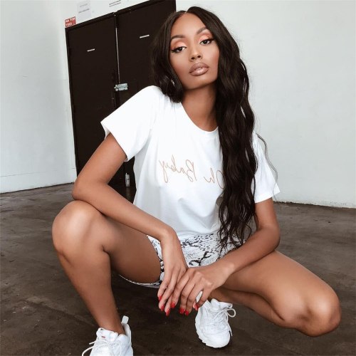 BOOFEENAA Letters Print O Neck Short Sleeve White T Shit Women Casual Loose Graphic Tees Cute Top Spring Summer 2019 C55-AZ13