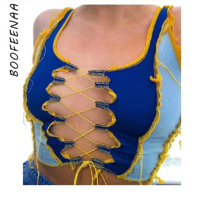 BOOFEENAA Sexy Crop Tops for Women Blue Color Block Hollow Out Lace Up Sleeveless Ribbed Knitted Tank Top Clubwear C83-BC10