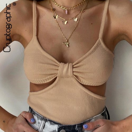 Cryptographic Summer Sexy Backless Strap Cut-Out Crop Tops for Women Sleeveless Camis Top Cropped Club Party Fashion Outfits