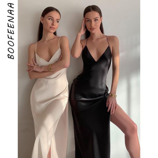 BOOFEENAA Sexy Black Satin Open Back High Split Maxi Dress Summer Clothes for Women Party Bridesmaid Evening Dresses C76-CB19