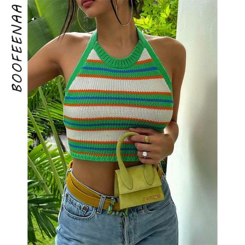 BOOFEENAA Y2k Striped Crop Top Women Shirt Aesthetic Backless Halter Top Knitted Sweater Vest Sexy Summer Tanks Camis C83-BF10