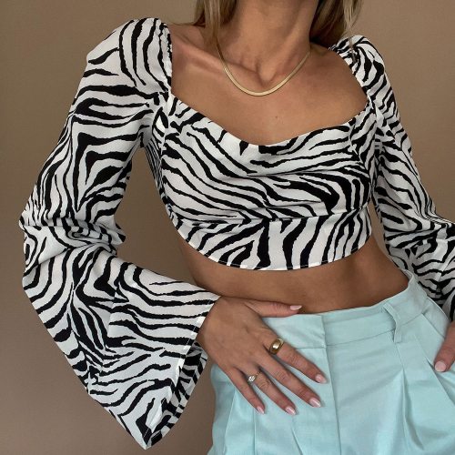 Cryptographic Zebra Print Elegant Sexy Backless Lace Up Blouses Women Fashion Autumn Club Party Long Sleeve Shirts Crop Tops