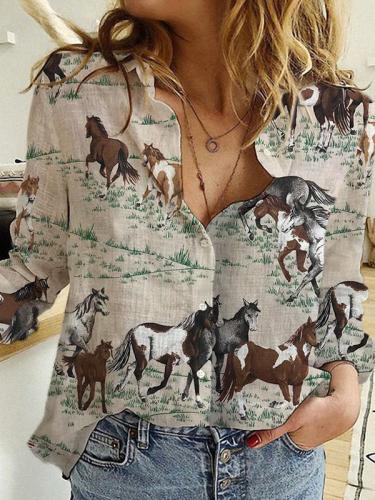 Vintage Horse Print Cotton And Linen Shirt