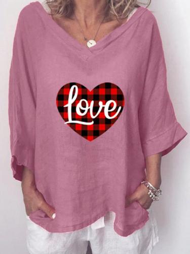 Women's Valentine's Day Printed 3/4 Sleeve V-Neck Cotton and Linen Top