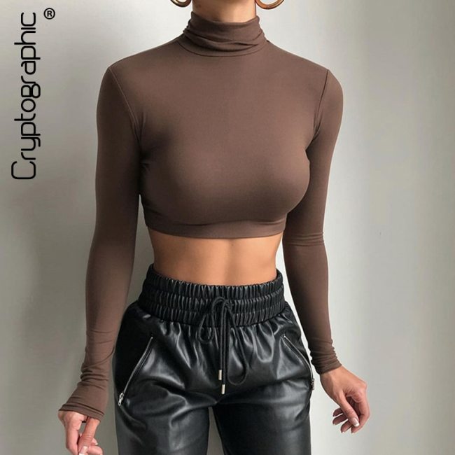 Cryptographic Chic Fashion Turtleneck Long Sleeve Short Women's Top Solid Basic T-Shirts Sexy Top Cropped Streetwear