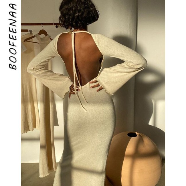 BOOFEENAA solid knitted open back flared long sleeve maxi dress elegant sexy clothes for women 2021 fall resort wear C76-DF27