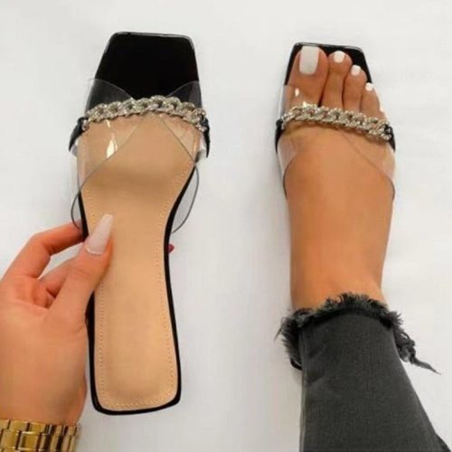 Women Sandals Fashion Transparent Summer Shoes Women Low Heels Sandals Square Toe Slippers Chaussure Femme Chain Flats Sandalias