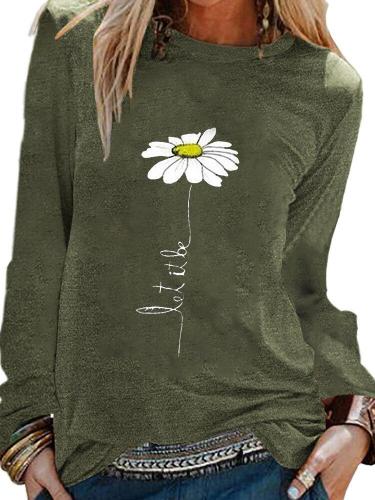 Ladies daisy flower print solid color long sleeve round neck T-shirt