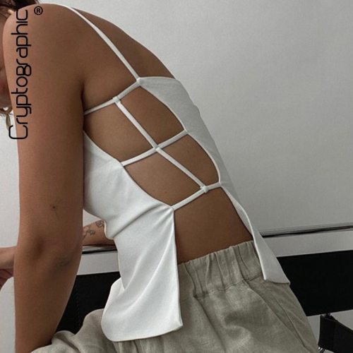 Cryptographic Fashion Solid White Sleeveless Bandage Summer Crop Tops Women Backless Chic Sexy Straps Top Cropped Streetwear