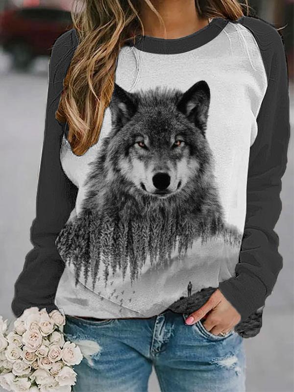 Ladies Western National Wind Wolf Animal Print Sweatshirt