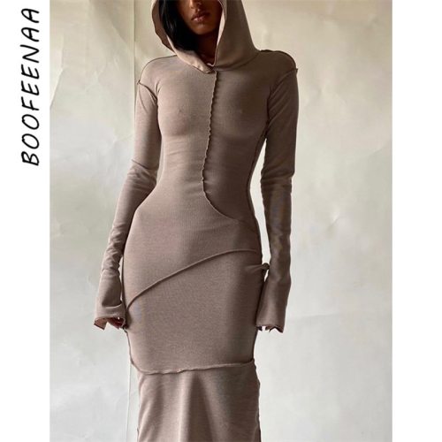BOOFEENAA Sexy Contrast Stitch Hooded Long Sleeve T-shirt Dresses for Women Casual Fashion Khaki Bodycon Maxi Dress C15-CZ32