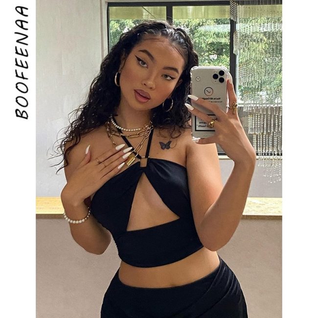 BOOFEENAA Sexy Hollow Out Ring Halter Tie Back Cami Crop Top Cyber Y2k Women Sleeveless Tank Tops Black Clubwear C71-AG12